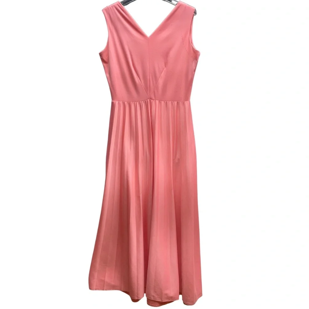 Vintage 1960s Orange V-Neck Sleeveless Pleated Dress With Sheer Tie Cape Sz M - Picture 3 of 8